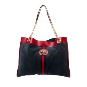 GUCCI Navy Blue Suede & Red Leather Trim Large Sylvie Web Rajah Tote Bag